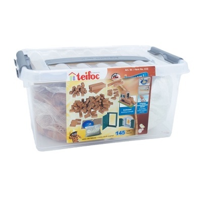 Caixa de plástico transparente com kit de construção Teifoc e etiqueta colorida