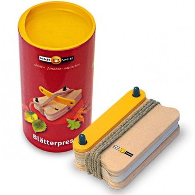 Prensa de folhas em madeira com embalagem cilíndrica vermelha