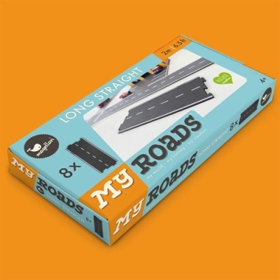 Pacote de brinquedo de estrada de plástico preto com linhas brancas, embalagem azul e laranja