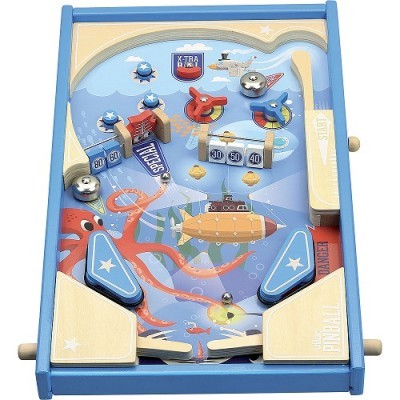Jogo de pinball de madeira com tema subaquático e detalhes coloridos