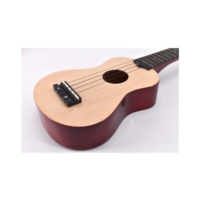 Ukulele de madeira clara e vermelha com 4 cordas