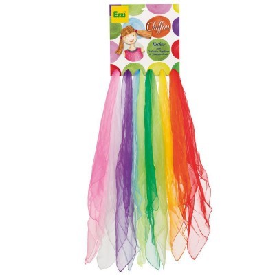 Pacote de sete tecidos de tule coloridos em tons lilás, roxo, verde, amarelo e vermelho com etiqueta colorida