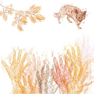 Desenho artístico com mãos coloridas, ramo com folhas e um gato castanho