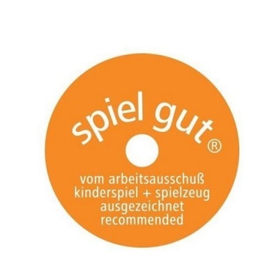 Etiqueta circular laranja com texto branco Spiel Gut