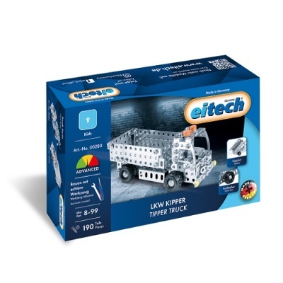 Caixa azul do kit de construção Eitech LKW Kipper Tipper Truck com imagem do camião metálico prateado