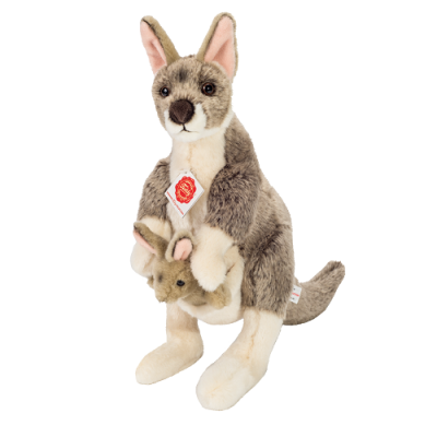 Pelúcia canguru cinza com filhote na bolsa e etiqueta