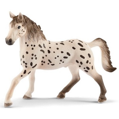 Figura plástica de cavalo creme com manchas pretas e cauda castanha