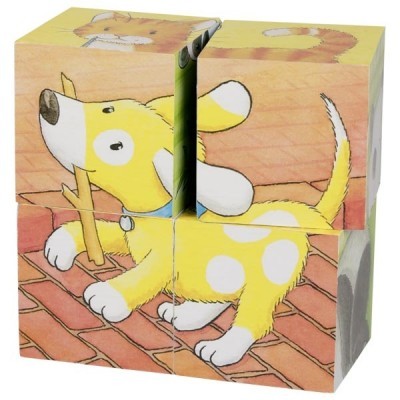 Puzzle de 4 blocos com imagem de um cão amarelo com manchas brancas
