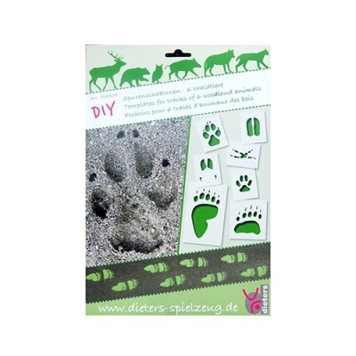 Moldes de pegadas de animais da floresta em embalagem com várias formas verdes e texto em várias línguas