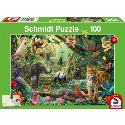 Caixa de puzzle Schmidt 100 peças com ilustração de animais selvagens numa floresta tropical.