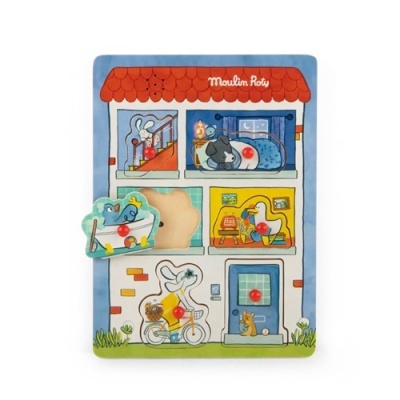 Quebra-cabeças de encaixe infantil em madeira com tema de casa e animais, marca Moulin Roty