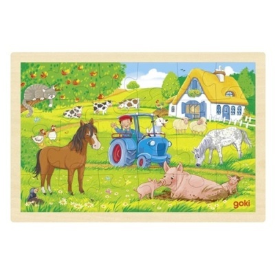 Quebra-cabeças de madeira com cena de quinta e animais