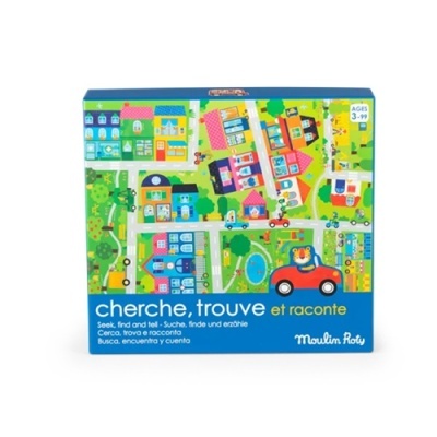 Caixa de jogo infantil colorida representando uma cidade com casas e carro vermelho