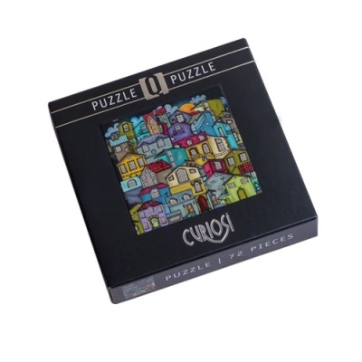 Caixa preta de puzzle CURIOSI com imagem colorida de casas estilizadas