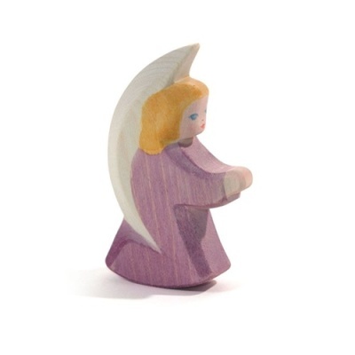 Figura de anjo em madeira pintada com vestido roxo e asas brancas