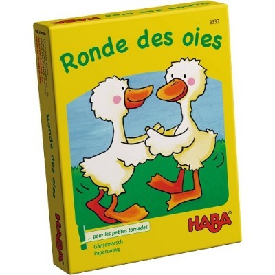 Caixa amarela do jogo Ronde des oies com ilustração de dois patos animados