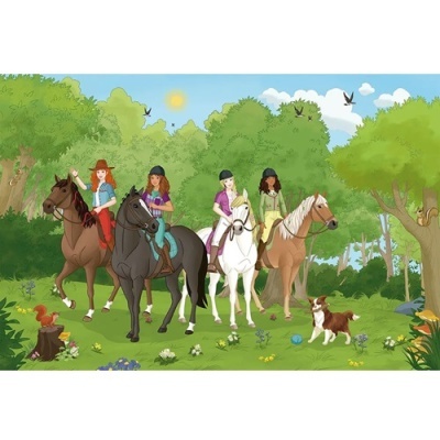 Ilustração de mulheres a montar cavalos numa floresta verde com cão e céu azul