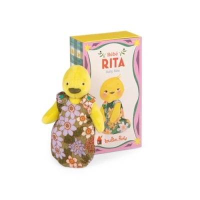 Peluche pato amarelo com vestido floral e caixa correspondente.