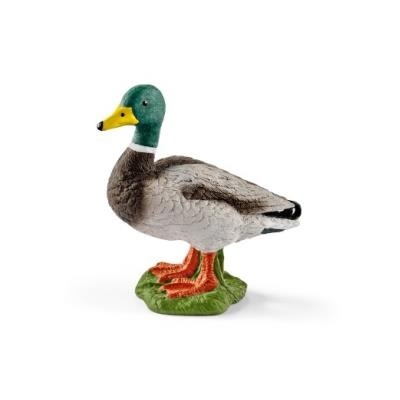 Figura decorativa de um pato cinzento e verde com patas laranja numa base verde