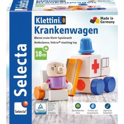 Brinquedo Klettini Krankenwagen Selecta com ambulância e personagem de madeira coloridos