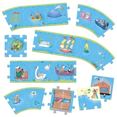 Peças de puzzle infantil com desenhos de animais em ambientes aquáticos coloridos