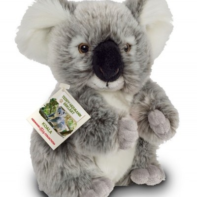Pelúcia de koala cinzenta e branca com etiqueta