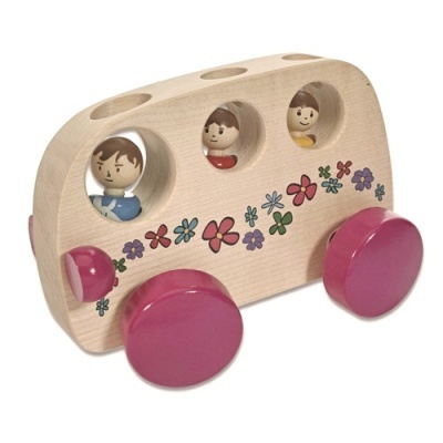 Brinquedo de madeira autocarro com rodas cor-de-rosa e personagens