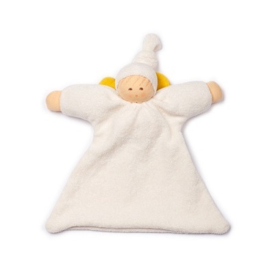 Boneco tecido anjo branco com chapéu pontudo e asas amarelas