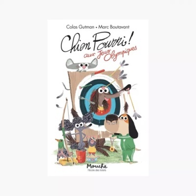 Capa de livro ilustrada com cães e insetos em frente a um alvo de arco e flecha