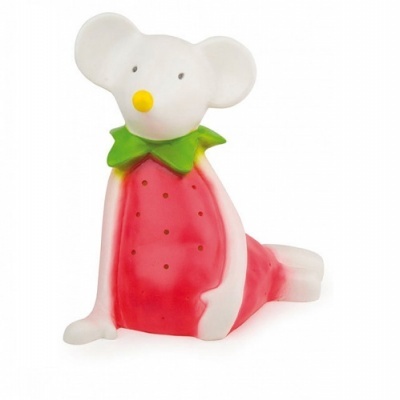 Figura decorativa em forma de rato com vestido vermelho e gola verde