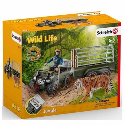 Caixa de brinquedo Schleich Wild Life Jungle com homem num quadriciclo e tigre