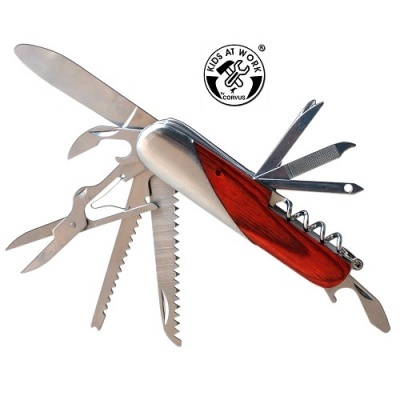 Canivete multifunções com várias ferramentas e cabo em madeira vermelha