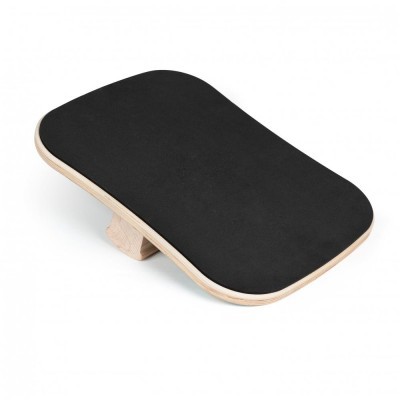 Prancha de equilíbrio retangular com superfície preta e base em madeira