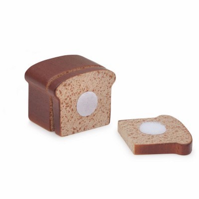 Duas peças de madeira em forma de fatias de pão com círculo branco no centro