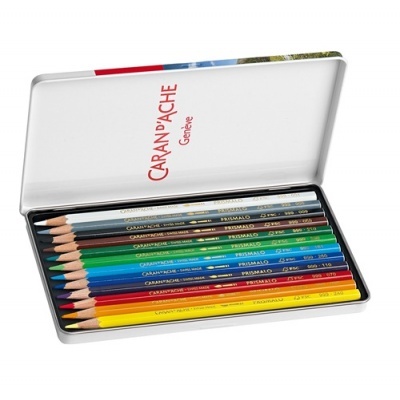 Estojo aberto com 12 lápis de cor Caran d'Ache Primaro variados em caixa metálica branca