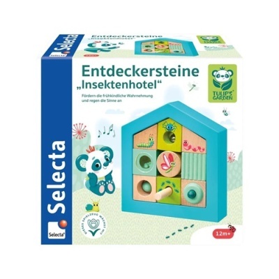 Caixa de produto Selecta Entdeckersteine 'Insektenhotel' em tons de azul e verde com ilustração de ursinho e compartimentos de madeira coloridos