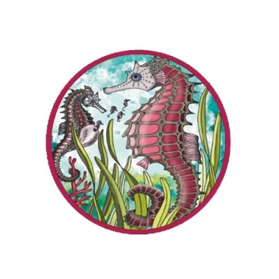 Ilustração circular colorida de cavalos-marinhos e algas em ambiente aquático