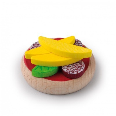 Peça de brinquedo de pizza em madeira com ingredientes coloridos