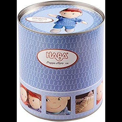 Lata azul do brinquedo HABA Puppe Miro com fotos do boneco e logotipo