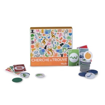 Jogo infantil Cherche & Trouve com cartas e fichas coloridas para crianças