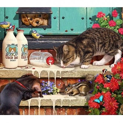 Gato, cão, esquilo e pássaros junto a garrafas de leite num cenário florido