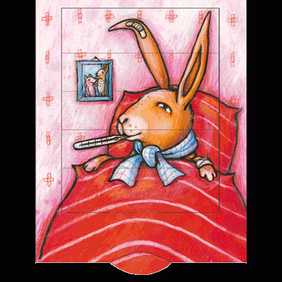 Ilustração de coelho doente deitado na cama com lenço azul e termómetro na boca