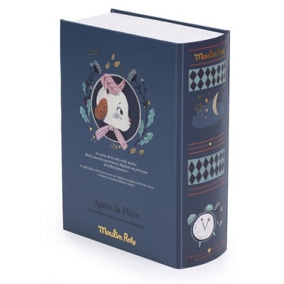 Livro caixa azul com ilustração de pato e texto em francês