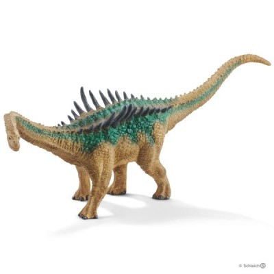 Figura de dinossauro em plástico castanho com espinhos pretos e faixa verde