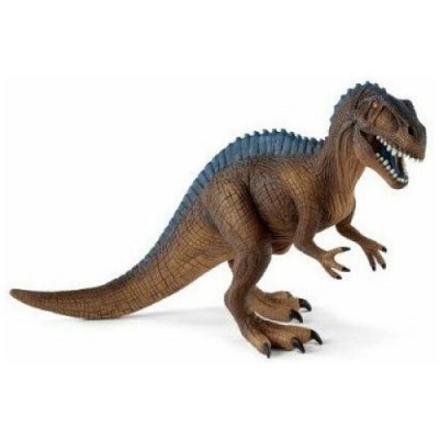 Boneco de dinossauro castanho com crista azul sobre fundo branco