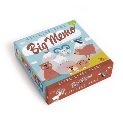 Caixa do jogo de cartas Big Memo com ilustrações de animais coloridos e texto em inglês.