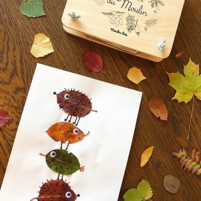 Folhas secas coloridas, figuras de porco feitas com folhas, caixa de madeira clara com texto em francês sobre uma mesa de madeira