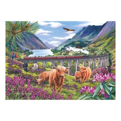 Cena de trem a vapor cruzando ponte cercada por montanhas, vacas e flores coloridas