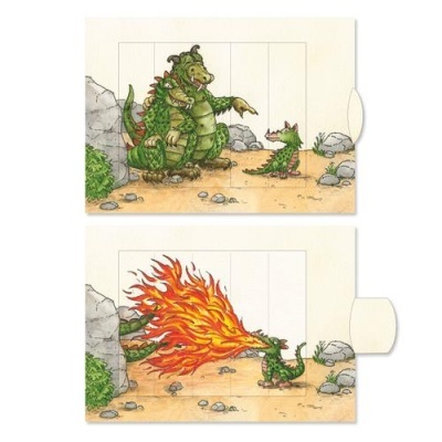 Duas ilustrações de dragões verdes num cenário rochoso e arenoso, mostrando interação entre dragões e fogo.