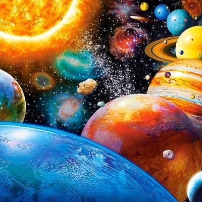 Ilustração colorida do sistema solar com planetas e o Sol visíveis